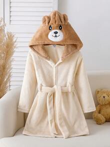 小女孩可爱小熊刺绣长袖连帽长袍睡衣，柔软保暖毛绒 - 杏色 - 查看 7