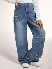 Radiana Tween Girl Y2K Fashion Frayed Hem Decor Washed Distressed Star Pattern Baggy Straight Leg Jeans, Fall Clothes Back To School Streetwear - Medium Wash - View 3