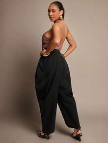 Vixey Women's Solid Color Fashion Loose High Waist Pleated Tapered Pants - Black - View 5