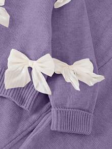 SHEIN Playful Pals 少女时尚甜美蝴蝶结针织毛衣搭配休闲直筒裤，适合居家、外出、聚会、返校 - 紫色 - 查看 4