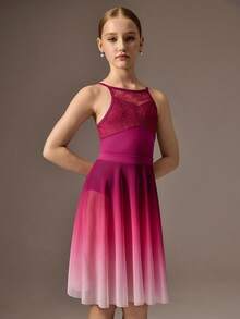 SHEIN Trang phục 2 mảnh cho bé gái tuổi mới lớn: Áo liền quần hở lưng ren mềm mại + Chân váy lưới ombre cạp chun, vải co giãn thoải mái, thích hợp cho khiêu vũ, múa ba lê, yoga - Màu đỏ tím - Xem 4