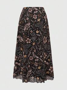 ROMWE Fairycore 女士复古仙女蝴蝶与飞蛾花卉印花百搭百搭半身裙 - 棕色 - 查看 2