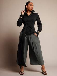 Vixey Quần culottes công sở cạp chun chi tiết - Màu xám đen - Xem 3