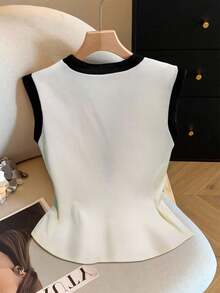 SHEIN PETITE Maglietta estiva casual senza maniche con blocchi di colore per donna - Albicocca - Visualizzare 2