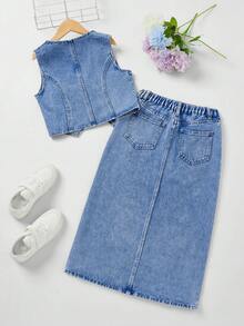 Tween Girl Light Denim Blue Outfit Made Of Soft, Skin-Friendly Cotton Denim Fabric That Has Undergone Special Washing Treatment - Light Wash - View 2