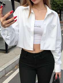 INAWLY Women's Solid Color Drop Shoulder Short Fashionable Casual Loose Long Sleeve Shirt - White - View 6