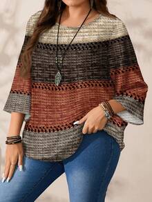 EMERY ROSE Áo sơ mi kẻ sọc cổ tròn tay 3/4 in họa tiết khối màu cỡ lớn dành cho nữ, mùa thu/đông - Nhiều màu - Xem 8