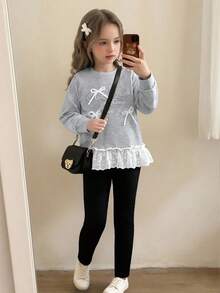 Ensemble de tenues pour filles avec Sweat-shirt ample à manches longues raglan col rond avec accent de nœud en dentelle florale brodée, associé à un legging skinny de couleur unie à taille élastique. Tenue décontractée pour tous les jours et toutes les saisons