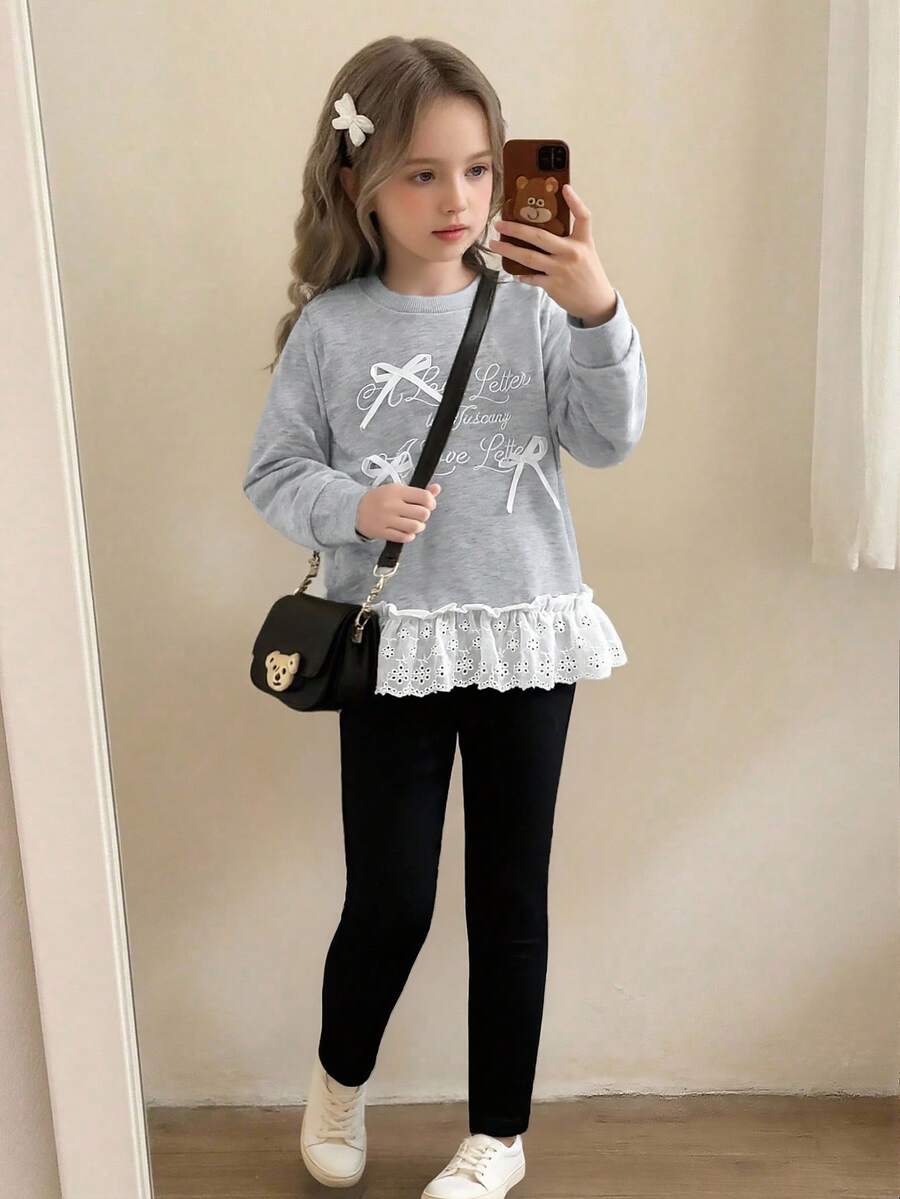 Ensemble de tenues pour filles avec Sweat-shirt ample à manches longues raglan col rond avec accent de nœud en dentelle florale brodée, associé à un legging skinny de couleur unie à taille élastique. Tenue décontractée pour tous les jours et toutes les saisons