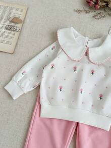 SHEIN 2baby Girl Winter & Autumn Clothing Back To School Season 3M-3Y White Casual Floral Print Collar Long Sleeve Top Button Front Elastic Waist Pink Comfortable & Soft Fashionable Daily Wear Suitable For Winter & Autumn Outdoor Wear Ideal As A Gift Daily Outfit - Multicolor - View 3