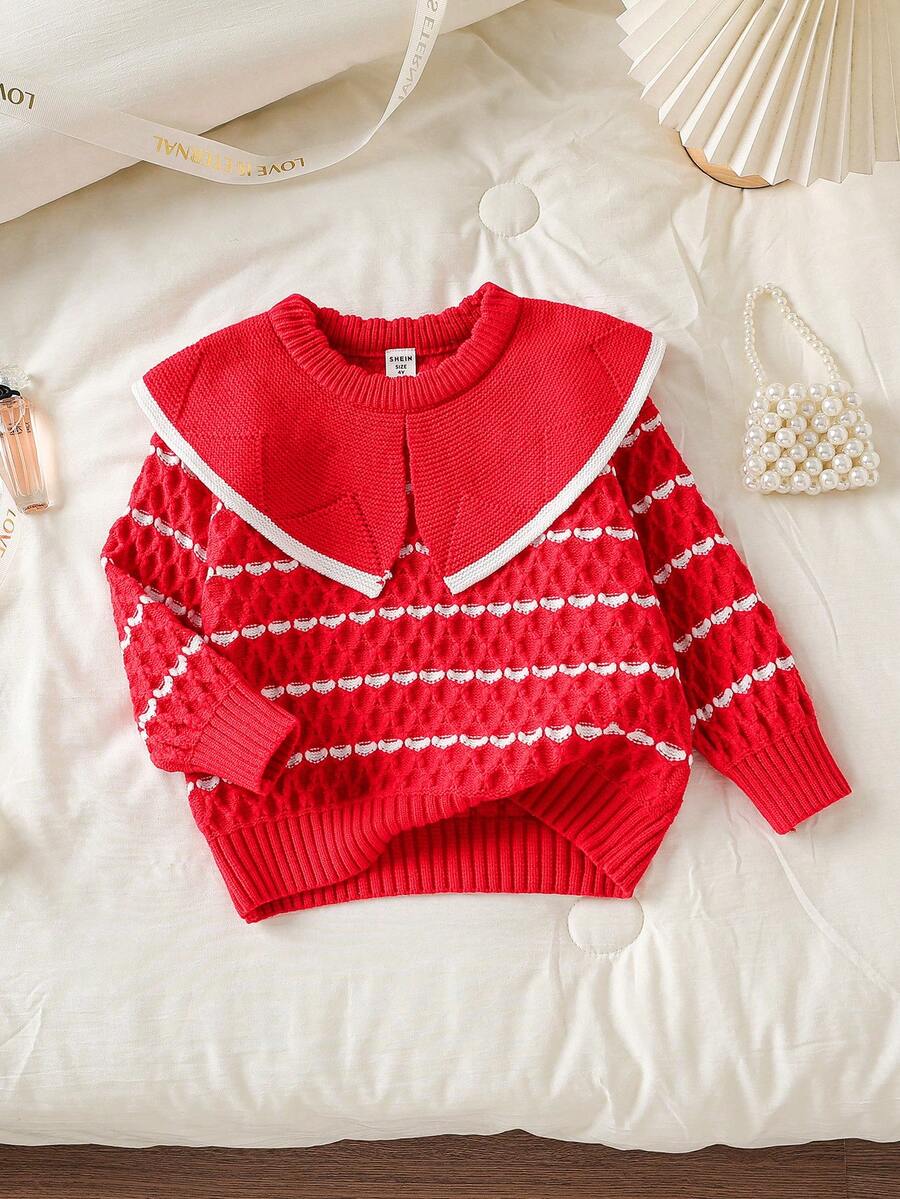 SHEIN 女童套头毛衣,秋冬新款时尚单品。米色杏色条纹针织面料,柔软甜美。超大领口设计,尽显活泼气息。精致袖口。适合秋冬季穿着。面料质感强韧,柔软亲肤,轻盈舒适,让年轻女孩穿着倍感舒适。适合各种场合,展现乖巧女孩的优雅气质,适合居家、休闲、校园、聚会、购物、度假、派对等各种场合。 - 紅色 - 查看 1