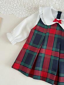 SHEIN 女婴白色面料荷叶边蝴蝶结领泡泡袖褶皱连衣裙，优雅可爱，适合日常、通勤、休闲穿着 - 彩色 - 查看 5