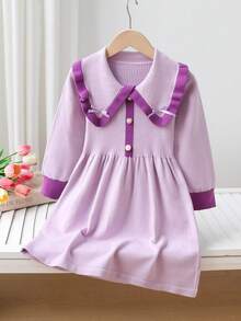 Souflis Souflis 女童翻领毛衣裙蝴蝶结装饰长袖针织连衣裙学院风适合日常穿着外出度假聚会可作为礼物 - 紫色 - 查看 1