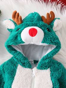 SHEIN Perso Play Niedlicher Weihnachts-Hirsch-förmiger Outfit für Neugeborene, Plüsch-Hirschgeweih-Dekor Langarm-Jumpsuit - Grün - Übersicht 6