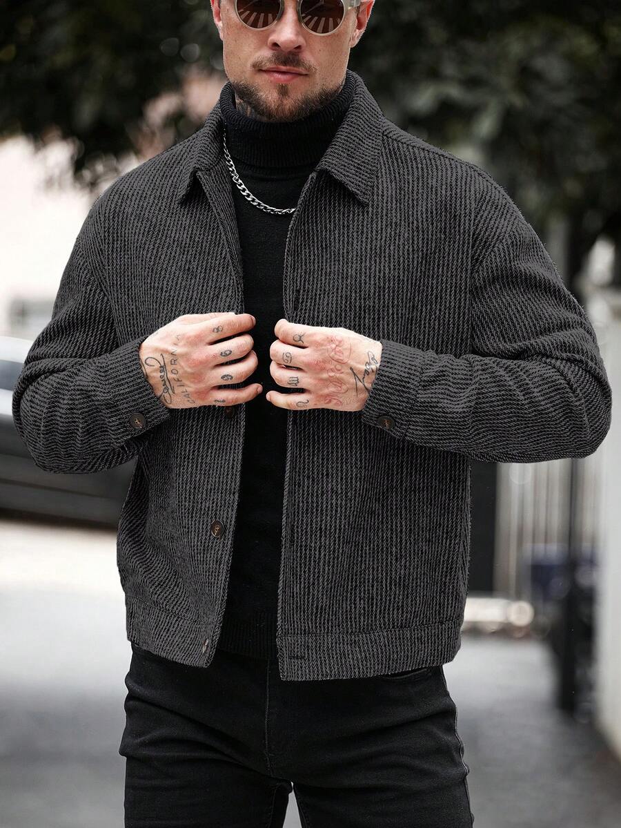 Manfinity Homme Abrigo corto de hombre de manga larga con botones delanteros y hombros caídos de unicolor - Gris Oscuro - Ver 1