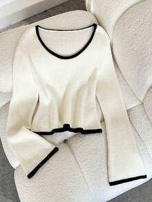 Teen GirlSquare Collar Flare Sleeve Cropped Top, Suitable For Home, Outing, Party, Back To School Bow Clothes Cropped Sweater Tops Cute Clothes Two Piece Cropped Cardigan Girls Top Long Sleeve Top Cute Tops Teen Girl Basic Tops Teen Girl Clothes Top - White - View 7