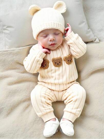 SHEIN 2 buc/set stil coreean, cu nervuri din fleece, pentru nou-născuți, cu ursuleț de desene animate, brodat cu hanorac și pantaloni, ținută drăguță, la modă, confortabilă, cu mânecă lungă, casual, haine pentru bebeluși