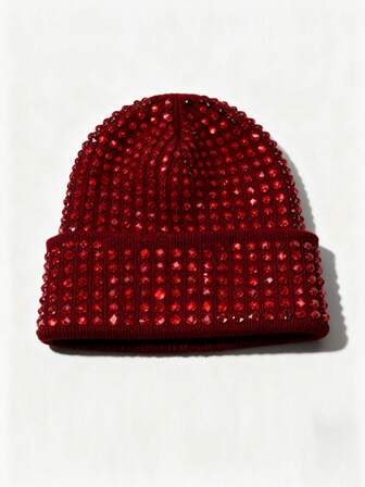 Goth 1 Stück vollständig mit Strass besetzter einfarbiger gestrickter Beanie, warmer Winterhut, Modeaccessoire