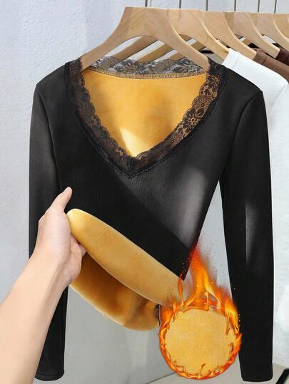 Everyssa Camiseta interior térmica con forro de encaje, otoño/invierno