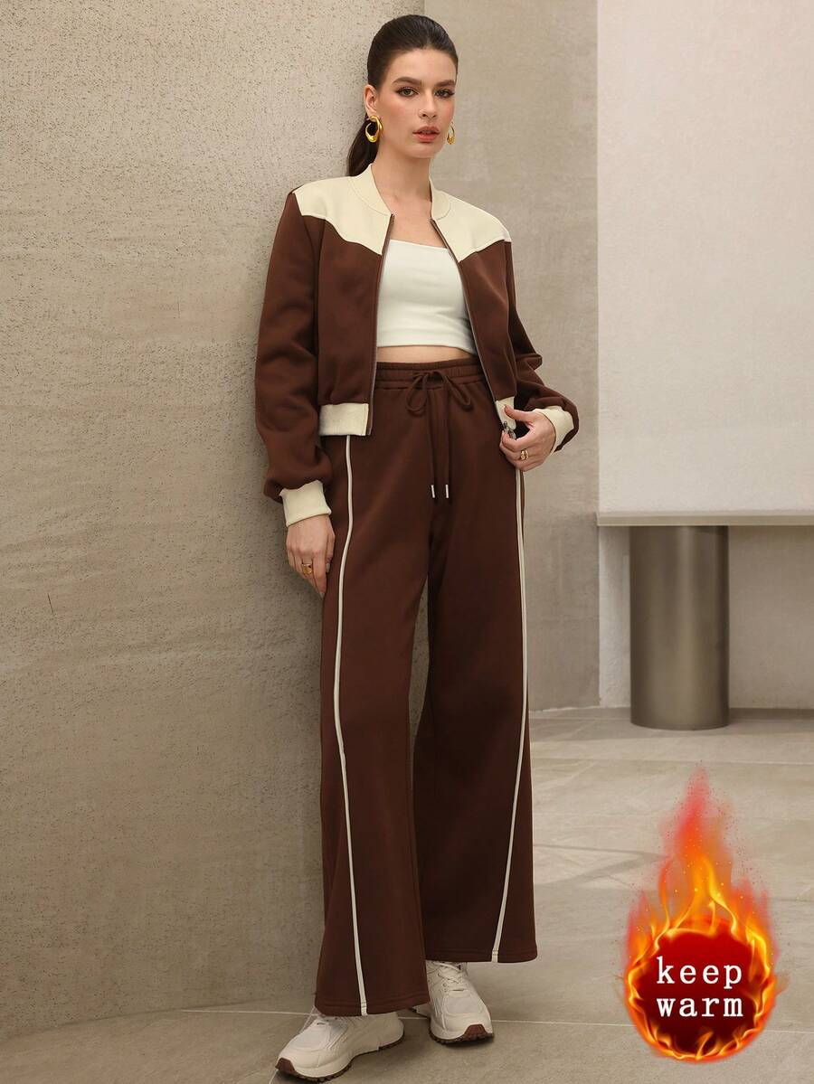 Mulvari 女士休闲时尚羊毛棒球夹克、运动衫和裤子三件套，秋冬 - 棕色 - 查看 1