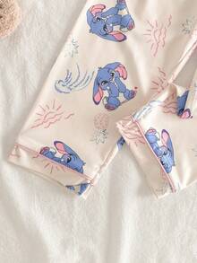 2pcs/Set Young Girl' Cute Cartoon Floppy Ear Blue Rabbit Print Long Sleeve Top And Pants Comfortable Casual Pajama Set - Apricot - View 7