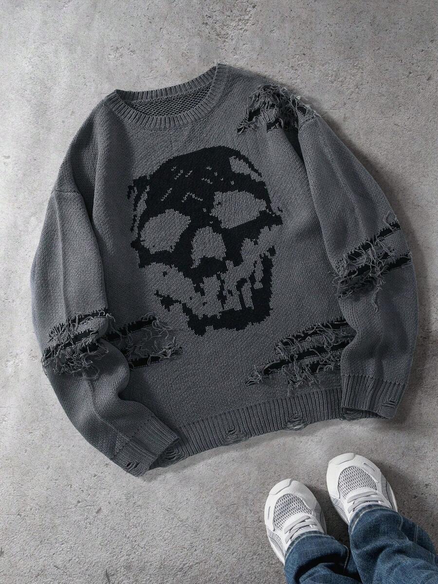 Manfinity EMRG 全新秋冬博主时尚做旧提花图案男士套头毛衣 - 深灰色 - 查看 1