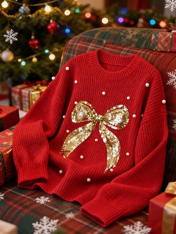 GlowEve Suéter holgado de punto suelto con parches, lentejuelas, lazo y decoración de perlas falsas, estilo casual navideño para mujer, otoño/invierno
