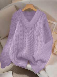 Franclia 新款宽松、柔软、甜美粉色超大设计V领粗麻针织套头衫，适合秋冬穿着 - 紫丁香色 - 查看 1