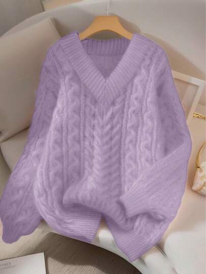 Franclia 新款宽松、柔软、甜美粉色超大设计V领粗麻针织套头衫，适合秋冬穿着