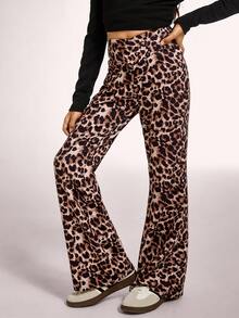 Radiana Tween 女童休闲优雅针织豹纹交叉腰紧身喇叭裤，返校季时尚街头服饰 - 卡其色 - 查看 3