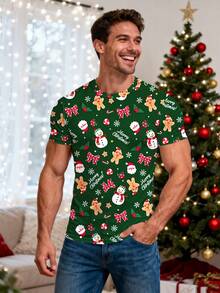 Manfinity RelaxMax T-shirt décontracté à col rond à manches courtes avec imprimé bonhomme de neige et pain d'épices de Noël pour hommes