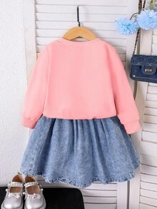 SHEIN Playful Pals Set di maglione a maniche lunghe con collo rotondo e applicazione in denim con logo di ciliegie e gonna plissettata in denim per ragazze, moda autunnale - Rosa - Visualizzare 2