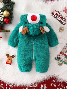 SHEIN Perso Play Niedlicher Weihnachts-Hirsch-förmiger Outfit für Neugeborene, Plüsch-Hirschgeweih-Dekor Langarm-Jumpsuit - Grün - Übersicht 5