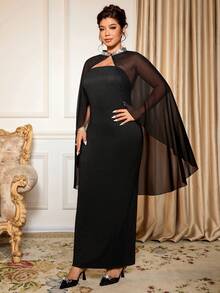 Cravure Plus Size Women's Elegant Black Summer Chiffon Strapless Bodycon Party Dress,Formal Dinner Evening Church Dress With Cape Curve Autumn Dress - Black - View 5
