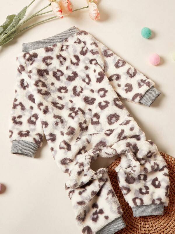 PETSIN 1pc Pet Cat Dog Universal Leopard Print Fashionable Autumn And Winter Plush Warm And Comfortable Round Neck Dog Jumpsuit