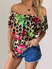 SHEIN Clasi Ruffle Ruffle Trim Printed Fitted Women T-Shirt - Multicolor - View 4