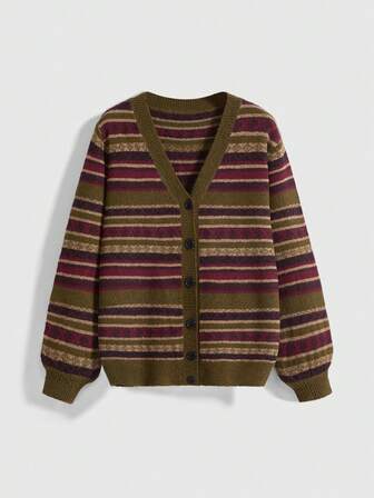 Fairycore Plus Size Casual Versatile Retro Striped Knit Cardigan, Autumn/Winter