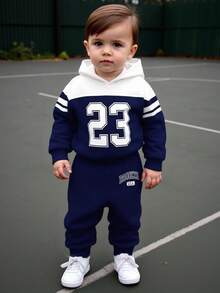 2er/Set Baby Jungen/Mädchen Marineblau und Weiß Brooklyn 23 Patchwork Hoodie Sweatshirt&Hose Herbst Lässig Page Boy Schulanfang Sportbekleidung Winter Outfit - Verschiedenfarbig - Übersicht 1