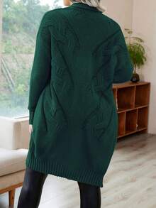 SHEIN LUNE 大码女式落肩长袖扭纹针织休闲开衫，秋冬 - 墨綠色 - 查看 2