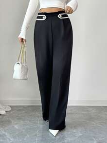 SHEIN Elenzya Women's Casual/Office Black Pants With Waist Pleats And Button Decor - Black - View 7