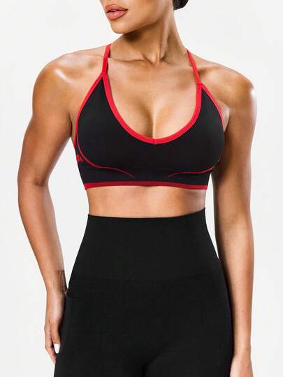 Seamluxe SHEIN Sport Seamless V-Neck, Adjustable Shoulder Straps, Y-Shaped Back, High Elasticity, Medium Support, Women's Sports Bra, Removable Bra Pads, Soft, Comfortable, And Breathable Contrast Color Fitness Vest, Suitable For Outdoor Gym, Home Travel, And Yoga Bra