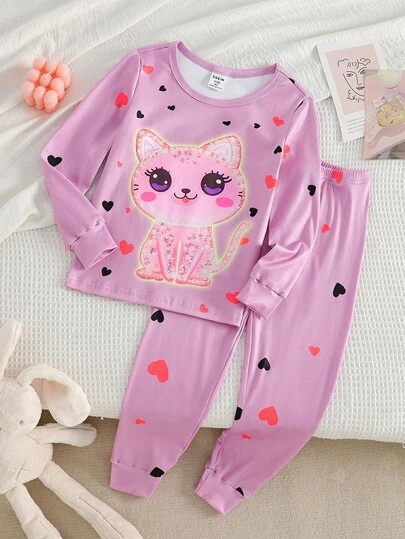2 st pyjamasset med söt katt och hjärta som självlyser i mörkret, långärmad topp och leggings för flickor