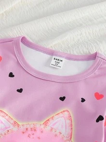 2pcs Young Girls Cute Cat & Heart Glow-In-The-Dark Print Long Sleeve Top And Leggings Pajama Set