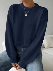 SHEIN LUNE Tropiluxe 女式纯色简约休闲圆领长袖白色毛衣 - Iron Gray - 查看 6