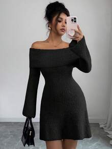 Elenzga Soft & Comfortable Off Shoulder Flare Sleeve Khaki Circular Gauze Texture Casual Elegant Fashion Mini Sweater Dress, Suitable For Multiple Occasions - Black - View 6