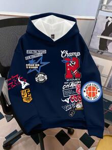 Claim Dot 男士标语印花长袖休闲保暖连帽卫衣，秋冬 - 藏蓝色 - 查看 1