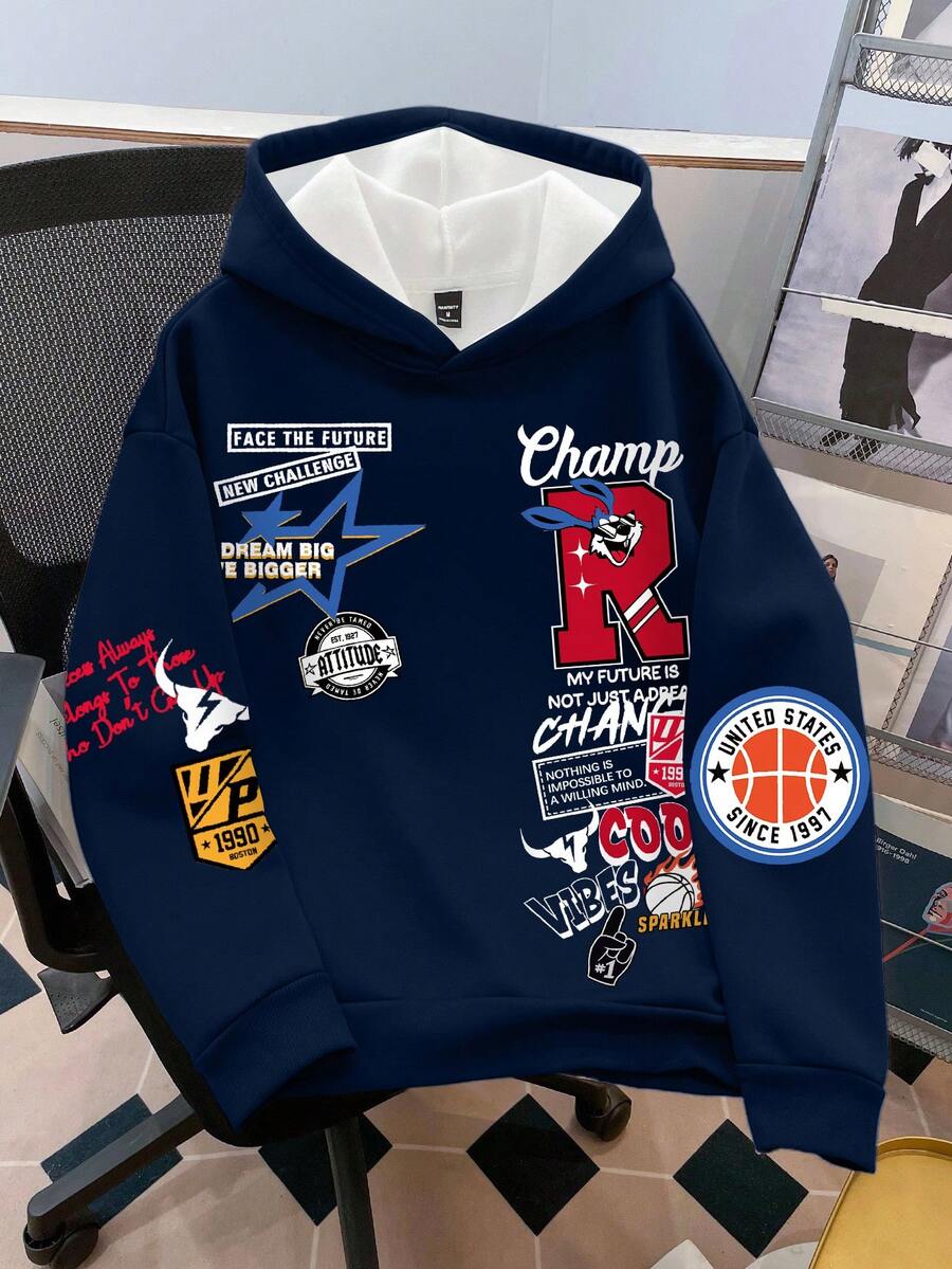 Claim Dot 男士标语印花长袖休闲保暖连帽卫衣，秋冬 - 藏蓝色 - 查看 1