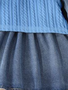 SHEIN Vintaside Kids 2pcs Baby Girls Denim Dress & Cable Knit Vest Set, Autumn/Winter - Blue - View 5