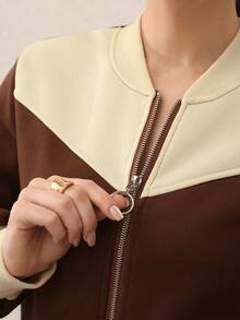 Mulvari 女士休闲时尚羊毛棒球夹克、运动衫和裤子三件套，秋冬 - 棕色 - 查看 7