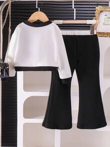 Young Girls Ribbed Snake Pattern Cardigan Long Sleeve Elegant Top Jacket, Black Faux Pocket Pants 2-Piece Outfit, Children Fashion Commuter Set - White - View 2